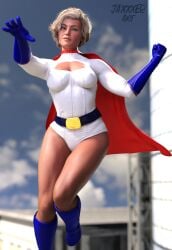 1girls 3d 3d_(artwork) belt blonde_hair bodysuit boots breast_cutout cape dc dc_comics erection_under_clothes flying full_lips gloves jaxxxer karen_starr looking_at_viewer muscular muscular_female power_girl short_hair solo solo_female superheroine thick_thighs