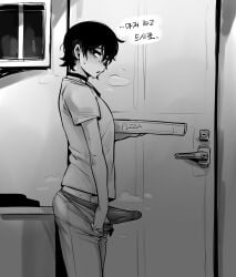 1boy black_hair borrowed_character bulge choker clothes_pull doppel erection erection_under_clothes femboy girly highres hung_trap korean_text looking_at_viewer male male_only monochrome original otoko_no_ko pants pants_pull pizza_box pizza_delivery pulled_by_self shirt short_hair solo sweat sweating_profusely t-shirt translation_request trap