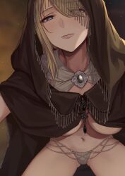 1girls big_breasts blonde_hair blush breasts deathbed_smalls elden_ring evan_yang fia_the_deathbed_companion fromsoftware hood hood_up hooded_cloak hug imminent_hug looking_at_viewer panties pov revealing_clothes sleeves