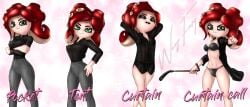 black_bra black_panties bra breasts clothing curtain_call_challenge digital_drawing_(artwork) digital_media_(artwork) green_eyes looking_at_viewer octarian octoling octoling_girl panties red_hair seductive sheila_(wingfury) splatoon splatoon_2 tight_pants whip wing_fury