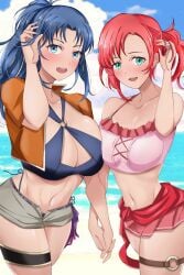 2girls adjusting_hair alternate_costume asymmetrical_docking bare_midriff bare_shoulders bare_thighs beach bikini bikini_skirt blue_bikini blue_eyes blue_hair blush breast_press breasts cleavage collarbone female female_only fire_emblem fire_emblem:_new_mystery_of_the_emblem fire_emblem:_shadow_dragon fire_emblem_heroes green_eyes holding_hands huge_breasts jacket kris_(female)_(fire_emblem) kris_(fire_emblem) large_breasts looking_at_viewer medium_breasts medium_hair midriff multiple_girls nintendo norne_(fire_emblem) norne_(summer)_(fire_emblem) o-ring o-ring_bikini ocean official_alternate_costume open_mouth open_shorts outdoors pink_bikini pink_swimsuit ponytail red_bikini red_hair red_swimsuit short_hair shorts smile swimsuit thick_thighs thighs toshimasa water yuri