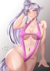 1girls bare_thighs breasts female female_only fire_emblem fire_emblem:_genealogy_of_the_holy_war grey_hair ishtar_(fire_emblem) large_breasts long_hair looking_at_viewer nintendo one-piece_swimsuit pink_swimsuit ponytail purple_eyes rinku_bny sideboob silver_hair slingshot_swimsuit solo swimsuit thick_thighs thighs very_long_hair