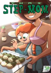 2girls age_difference amphibia between_breasts bra busty comic_cover dark-skinned_female dark_skin disney disney_channel female female_only food grin grinning huge_breasts maggie_(amphibia) milf mrs._boonchuy multiple_girls oum_boonchuy reaching_for_object smile smiling straight_hair thai tullymonst3r yuri