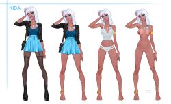 armlet atlantean atlantis:_the_lost_empire barefoot blue_eyes casual clothing dark-skinned_female dark_skin disney feet female high_heel_boots human kida leather_jacket lingerie long_hair looking_at_viewer minko necklace nipples off/on purse pussy royalty shaved_pussy skirt stockings toes white_hair