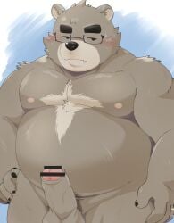 2022 absurd_res anthro balls belly big_belly black_nose blush censored cute_fangs erection eyewear genitals glasses hi_res humanoid_genitalia humanoid_hands humanoid_penis kemono male mammal moobs nipples overweight overweight_male penis solo ursid zuboboz