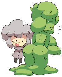 1boy 1girls ass ass_focus brickey embarrassed green_body mob_face monster_girl simple_background size_difference slime_girl slymee sycneit_(artist) white_background