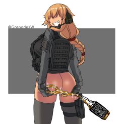 absurdres alcohol ass blonde_hair body_armor braid braided_ponytail convenient_censoring deculture earphones gloves grey_jacket highres holster holstered_weapon indie_virtual_youtuber jacket load_bearing_vest military plate_carrier presenting tactical_clothes thigh_strap thighhighs virtual_youtuber whiskey whiskey_project