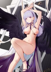 absurdres armpits arms_up azur_lane bangs bird_wings black_feathers blunt_bangs blush breasts chinese_commentary choker cowboy_shot criss-cross_halter dido_(azur_lane) eyebrows_visible_through_hair eyelashes feathered_wings female flyyao hairband halterneck high_heels highres light_purple_hair lips long_hair looking_at_viewer medium_breasts naked_footwear naked_heels navel nipples nude purple_choker purple_footwear purple_hair purple_ribbon ribbon skindentation solo stomach straight_hair thighs white_ribbon wings