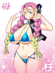 1girls big_breasts bikini blue_bikini braided_hair cleavage cowboy_shot demon_slayer female female_focus green_eyes grin huge_breasts iguro_obanai kaburamaru kanroji_mitsuri kimetsu_no_yaiba kinokoallstars long_hair mole_under_eye nipple_bulge pink_hair side-tie_bikini smile solo_focus swimsuit thick_thighs two_tone_hair vest wide_hips