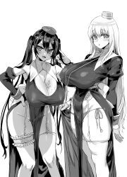 2girls angry asanagi big_breasts blush cleavage curvy female_only huge_breasts light_hair long_hair looking_at_viewer mole_on_thigh monochrome multiple_girls nipple_bulge nun original pale-skinned_female pale_skin panties priest priestess religious_clothing thick_thighs thigh_strap thighhighs twintails uncolored