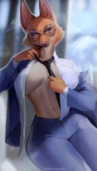 2022 anthro big_breasts breasts canid canine clothed clothing diane_foxington dreamworks eyewear facial_piercing female fox fur glasses hi_res juliathedragoncat mammal office_lady piercing red_body red_fur solo the_bad_guys