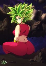 alien alien_girl aroused ass ass_focus big_ass big_breasts breasts dragon_ball dragon_ball_super erect_nipples female green_hair huge_ass inhus kefla looking_back_at_viewer muscular sitting voluptuous