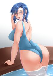 1girls alternate_costume ass back back_view backless_outfit bare_back bare_thighs blue_eyes blue_hair blue_swimsuit breasts catria_(fire_emblem) female female_only fire_emblem fire_emblem:_mystery_of_the_emblem fire_emblem:_shadow_dragon_and_the_blade_of_light large_ass large_breasts looking_back medium_hair nintendo one-piece_swimsuit partially_submerged pool rinku_bny solo swimming_pool swimsuit thick_thighs thighs