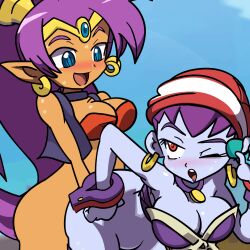 1girls 2futas animated bent_over breasts clothed clothing dark-skinned_futanari dickgirl female futa/futa/female futa_on_female futanari gif handjob humanoid humanoid_penis intersex mostly_nude peachypop34 penis risky_boots rottytops sex shantae shantae_(character) smooth_skin standing threesome