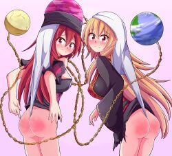 aospanking ass atomic_wedgie blonde_hair blush hecatia_lapislazuli junko_(touhou) long_hair looking_at_viewer looking_back no_pants panties panty_pull red_eyes red_hair spank_marks spanked standing tagme tears torn_clothes touhou wedgie white_panties