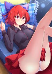 aospanking bow hairbow legs_up looking_at_viewer lying on_back panties red_eyes red_hair sekibanki short_hair skirt tagme thighs touhou upskirt white_panties