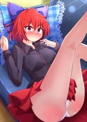 aospanking blush bow hairbow legs_up looking_at_viewer lying on_back panties red_eyes red_hair sekibanki short_hair skirt spank_marks spanked tagme tears thighs touhou upskirt white_panties