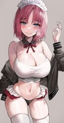 big_breasts blue_eyes blush breath cigarette cleavage female female_only frilled_panties heart-shaped_pupils hisui hisui_(tsukihime) jacket looking_at_viewer maid_headdress mole_under_eye off_shoulder open_jacket panties pink_hair short_hair smile smoking solo suou-sensei tank_top thighhighs tsukihime type-moon white_legwear white_thighhighs zettai_ryouiki