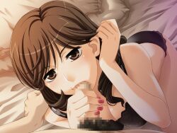 1boy adjusting_hair bangs bed_sheet black_bra black_panties bra breasts brown_eyes brown_hair censored cleavage eyebrows_visible_through_hair fellatio female game_cg hair_between_eyes hand_on_another's_shoulder long_hair medium_breasts mosaic_censoring nail_polish nojima_rika ojiri_shin'ya oral panties penis pillow red_nails shiny shiny_hair solo_focus toshiue_lesson underwear underwear_only