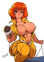 1girls aleksandrgav april_o'neil april_o'neil_(tmnt_1987) belt big_breasts breasts brown_hair bursting_breasts busty cleavage clothing electronics female female_only hourglass_figure human jumpsuit large_breasts microphone navel overflowing_breasts pale_skin pinup pinup_pose short_hair sleeves_rolled_up solo tagme teenage_girl teenage_mutant_ninja_turtles tmnt_1987 unzipped wide_hips