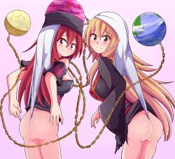 aospanking ass atomic_wedgie blonde_hair blush hecatia_lapislazuli junko_(touhou) long_hair looking_at_viewer looking_back no_pants panties panty_pull red_eyes red_hair standing tagme torn_clothes touhou wedgie white_panties