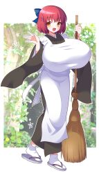 alternate_breast_size apron dadadanoda female female_only fully_clothed gigantic_breasts hair_ribbon kimono kohaku kohaku_(tsukihime) looking_at_viewer maid maid_uniform open_mouth short_hair smile solo standing tabi tsukihime type-moon wide_sleeves yellow_eyes