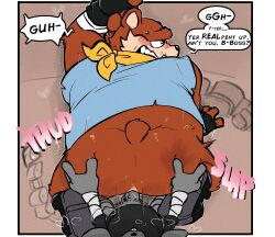 anal anal_sex anthro archie_comics ass bandana bottomless brown_body brown_fur clothed clothing duo english_text erection fur genitals hi_res kerchief male male/male male_only male_penetrated male_penetrating male_penetrating_male penetration penis sega sex sonic_(series) sonic_the_hedgehog_(archie) sonic_the_hedgehog_(comics) sonic_the_hedgehog_(series) spank_marks text torquewintress unknown_character unknown_species