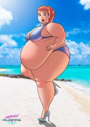 bbw beach ben_10 big_breasts bikini breasts fat female green_eyes gwen_tennyson high_heels morbidly_obese nipple_bulge obese orange_hair overweight overweight_female pregnant red_hair stretch_marks thick_thighs thunder_thighs xmasterdavid