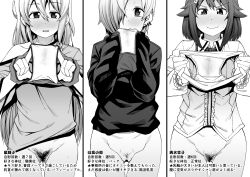 3girls absurdres blush bottomless censored column_lineup ear_piercing earrings female female_only female_pubic_hair greyscale hair_ornament hair_over_one_eye hairclip highres hoshi_shouko idolmaster idolmaster_cinderella_girls jewelry kaauchi koshimizu_sachiko monochrome multiple_girls panties panties_removed piercing presenting_panties pubic_hair shirasaka_koume sleeves_past_wrists translated underwear