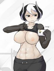 abs big_breasts black_eyes black_hair cellphone cleavage expressionless female female_only made_in_abyss maximumpingas no_bra ozen phone selfie shirt_lift short_hair solo sweatpants tank_top white_highlights wide_hips