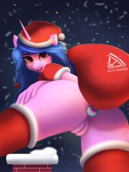 anthro anthrofied ass bag blue_hair blush christmas christmas_clothing christmas_headwear clothing delta_hronum equid equine female fingers hair hasbro hat headgear headwear hi_res holidays horn izzy_moonbow_(mlp) long_hair looking_at_viewer looking_back mammal mlp_g5 my_little_pony plug_(sex_toy) purple_body santa_hat sex_toy snow snowing tongue unicorn