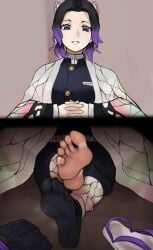 barefoot black_hair demon_slayer dirty_shoes feet female female_only femdom foot_fetish fully_clothed haori interlocked_fingers kimetsu_no_yaiba kochou_shinobu long_hair looking_at_viewer multicolored_skin one_bare_foot parted_lips purple_eyes sandals scas socks_removed soles solo steam tabi toes two-tone_skin under_desk under_kotatsu under_the_table