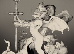 2022 anal anthro anthrofied ass balls big_balls biped closed_eyes daftpatriot dark_souls deepthroat digital_media_(artwork) dragon dragon_slayer_ornstein dragonoid_(dark_souls) fellatio fromsoftware genitals grey_background greyscale group group_sex hi_res horn male male/male melee_weapon membrane_(anatomy) membranous_wings monochrome oral penile polearm rimming sex simple_background spear threesome video_games weapon wings