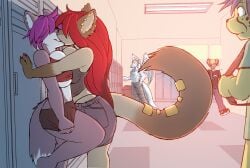 2girls 3boys anthro anuv clothed clothed_sex dracojeff feline fox furry hallway lockers making_out original_character public public_sex tagme yuri