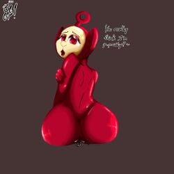 1:1 absurd_res beep! bodily_fluids female genital_fluids genitals hi_res humanoid looking_back po_(teletubbies) pussy pussy_juice shy solo teletubbies teletubby the_main_teletubbies_cast