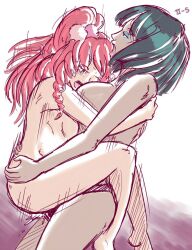 2girls alice_(zero_escape) artist_request black_hair clover_(zero_escape) dark-skinned_female dark_skin light-skinned_female light_skin multiple_girls nude nude_female open_mouth penetration pink_hair straddling strap-on virtue's_last_reward yuri zero_escape