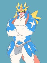 abs anthro bara blep blue_body blue_fur blush bulge canid canine clothing frankescobarx fur genital_outline genitals hi_res legendary_pokémon looking_at_viewer male male_only mammal muscular muscular_anthro muscular_male nintendo pecs penis penis_outline pokémon_(species) pokemon simple_background solo tongue tongue_out underwear video_games white_body white_fur yellow_eyes zacian