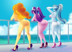 3girls absurd_res adagio_dazzle aria_blaze ass big_breasts bikini breasts commission curvy equestria_girls female females_only friendship_is_magic glamourpink hasbro hi_res high_heels highres huge_breasts large_breasts legs multiple_girls my_little_pony ponytail rear_view sideboob sonata_dusk stiletto_heels swimsuit swimwear the_dazzlings thighs thong_bikini trio twintails