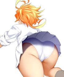 1girls emma_(the_promised_neverland) female female_only from_behind funnyari panties red_hair short_hair skirt solo the_promised_neverland underwear upskirt white_background white_panties white_shirt