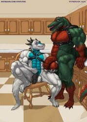 abs anthro balls belt chair crocodile crocodilian crocodylid dragon duo feet furniture genitals green_body harness hi_res hybrid leash leash_pull male male/male mature_anthro multicolored_body muscular muscular_male nude pecs penis reptile scalie smile straps teasing text tithinian two_tone_body url white_body