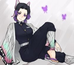 barefoot black_hair blush bug butterfly butterfly_hair_ornament demon_slayer feet female female_only flip-flops fully_clothed haori insect kimetsu_no_yaiba kochou_shinobu long_hair looking_at_viewer multicolored_hair purple_eyes sandals scas smile solo toes two-tone_hair