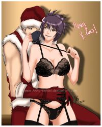 1boy 1boy1girl 1girls anko-sensei before_sex between_legs big_breasts bra breasts brown_eyes christmas collar garter_belt garter_straps gloves hatake_kakashi hug hugging hugging_from_behind leash leash_pull licking licking_lips lingerie male male/female mask masked midriff mitarashi_anko naruto naruto_(series) naruto_shippuden naughty naughty_face panties pants purple_hair santa_costume santa_hat shirt silver_hair sitting_on_lap sitting_on_person stockings