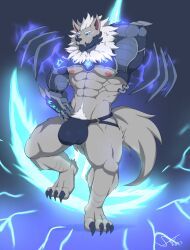 abs absurd_res anthro armor big_bulge big_muscles bulge canid canine canis claws clothing fur grey_body grey_fur hi_res male mammal muscular muscular_male nickgray nipples pecs pubes solo underwear wolf