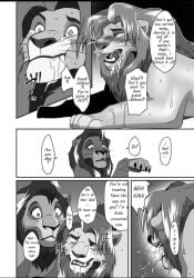 blush bodily_fluids comic cum cum_in_mouth cum_inside dialogue disney duo felid feline feral fur genital_fluids kovu letterbox lion male male/male mammal mane monochrome oral pantherine paws sasamaru simba text the_lion_king