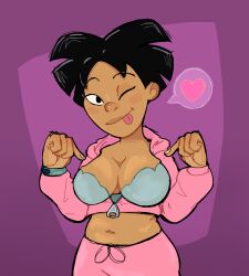 1girls amy_wong artist_request asian belly big_breasts black_hair blue_bra bra chubby chubby_female closed_eyes eyelashes female female_only flashing futurama heart pointing smile solo sweatpants tagme_(artist) tongue tongue_out