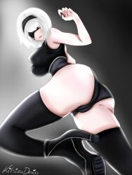 ass black_bottomwear blindfold bottomwear breasts female kitsinudesiu light-skinned_female light_skin looking_at_viewer nier nier:_automata short_hair smiling smiling_at_viewer thighhighs thighs voluptuous white_hair yorha_2b