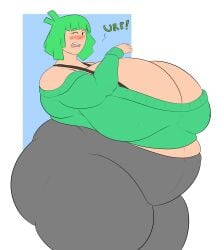 1girls ass bbw belly big_belly big_breasts breasts burping cleavage female female_only gigantic_breasts green_hair hair huge_breasts hyper hyper_breasts massive_breasts overweight overweight_female owlizard simple_background solo thick_thighs