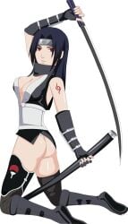 alternate_costume anbu_(naruto) arm_tattoo blue_hair bm-art boots bottomless cleavage fundoshi gloves holding_object holding_weapon katana kimono kunoichi looking_at_viewer looking_back mature mature_female milf naruto naruto_(classic) naruto_(series) naruto_shippuden ninja no_panties on_knees partially_clothed red_eyes revealing_clothes sharingan short_kimono sword tattoo uchiha_mikoto weapon