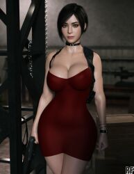 1girls 3d ada_wong ada_wong_(adriana) big_breasts breasts cleavage dress female female_only firearm handgun human large_breasts looking_at_viewer neckwear pale_skin resident_evil resident_evil_2 resident_evil_2_remake rude_frog solo thick_thighs weapon wide_hips wristwear