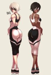 2girls alejandro_uriel ass black_blindfold blindfold breasts brown_hair chocolate_and_vanilla dark-skinned_female dark_skin footwear leggings light-skinned_female light_skin looking_at_viewer nier nier:_automata shoes short_hair smile smiling_at_viewer sportswear thighs voluptuous white_blindfold white_hair yorha_2b yorha_2p